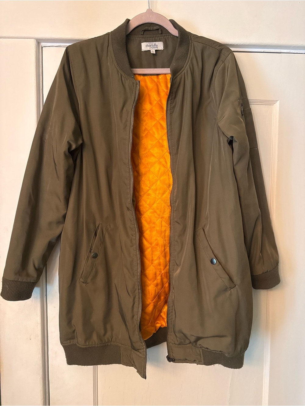 Charlotte Russe Olive Bomber Jacket with Bright Orange Quilted Lining